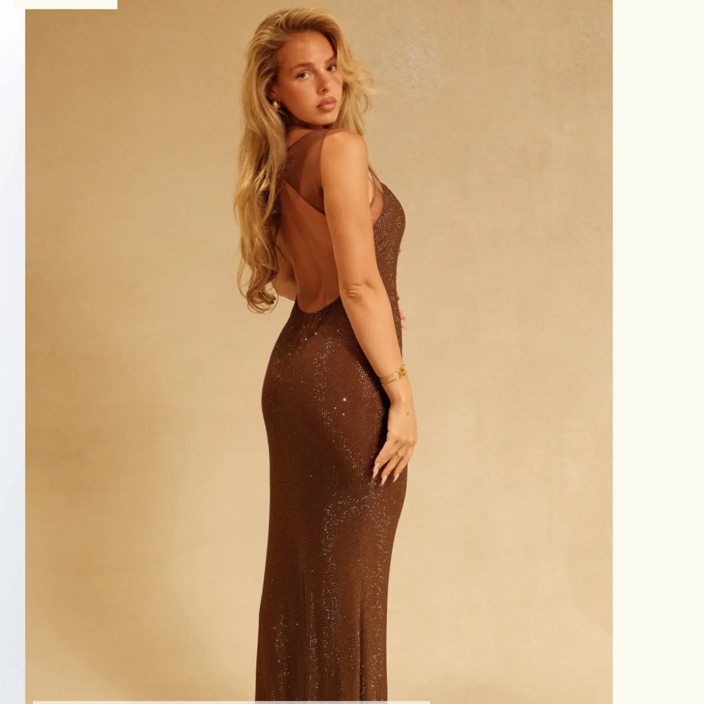 Meshki Brown Spaghetti Strap Bodycon Gown